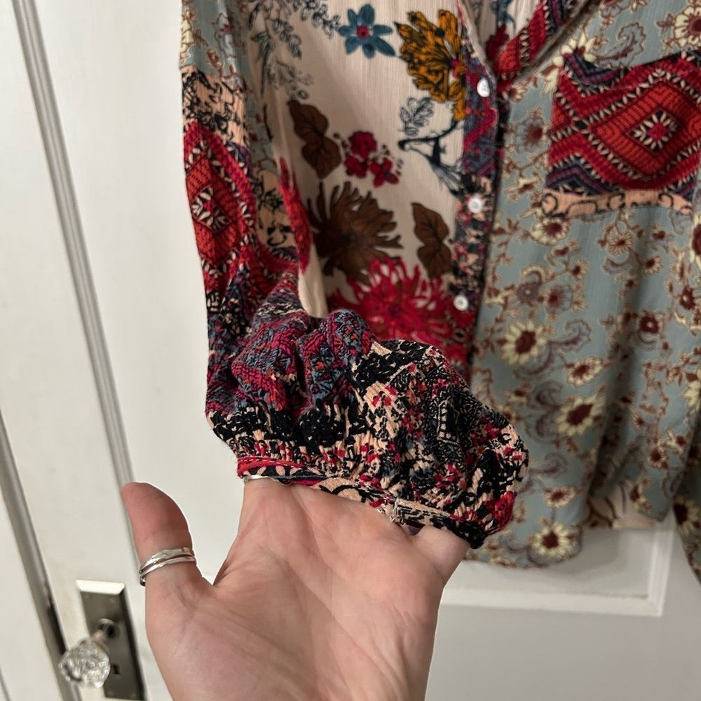 Umgee Multicolor Patchwork Button-Down Blouse - Picture 3 of 6